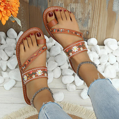 Casual Vacation Floral Embroidery Seam Toe Ring Slippers