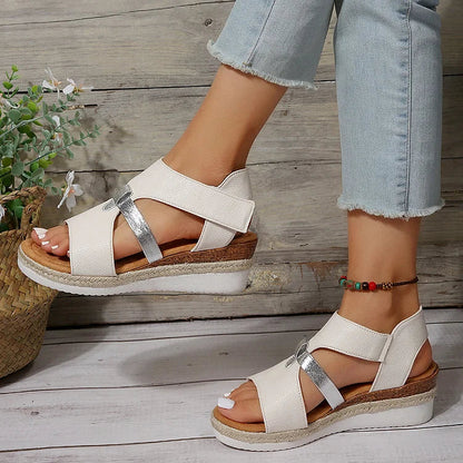 Peep Toe Patchwork Strap Magic Stick Closure Wedge Sandals