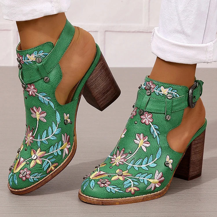 Floral Leaf Embroidery Round Toe Slingback Chunky Heels