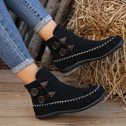 Stitch Detail Round Toe Buttons Casual Flat Ankle Boots