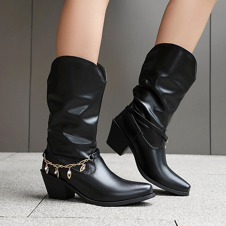 Metal Chain Decor Patchwork Square Toe Chunky Heel Mid Calf Boots