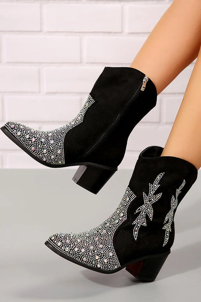 Rhinestone Decor Zipper Pointed Toe Chunky Heel Ankle Boots