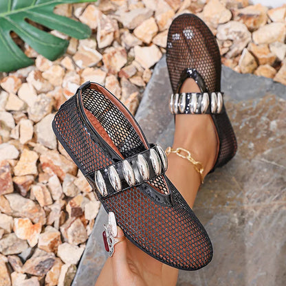 Hollow Out Mesh Patchwork Metal Decor Slip On Loafers