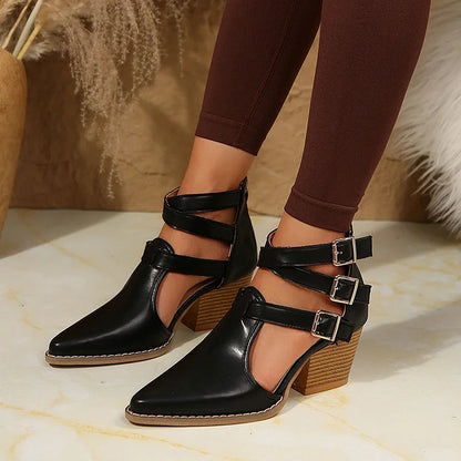 Ankle Cross Straps Buckles Solid Color Pointed Toe Chunky Heels