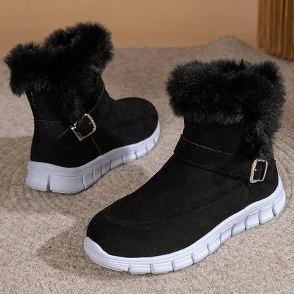 Fluffy Trim Patchwork Strap Buckle Round Toe Snow Boots