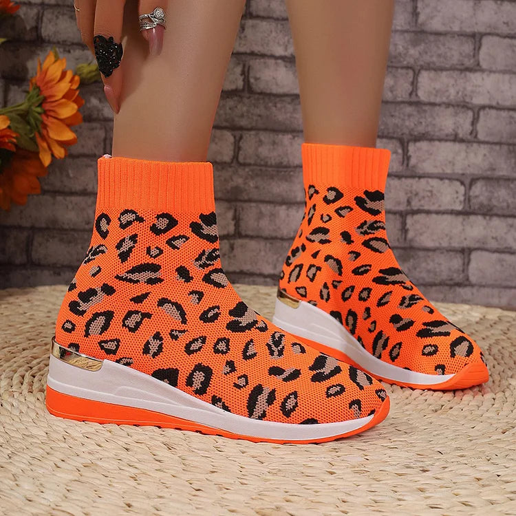 Knit Leopard Pattern Round Toe Wedge Heel Ankle Boots