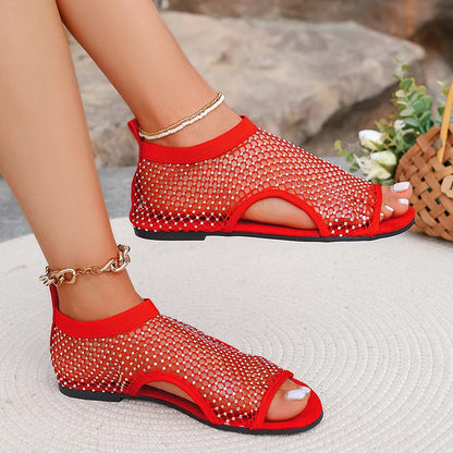 Fishnet Hollow Rhinestone Decor Round Toe Slip On Sandals