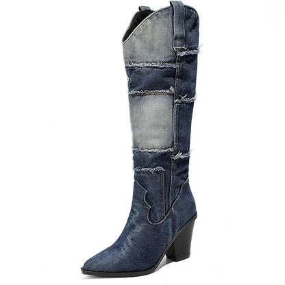 Denim Raw Trim Patchwork Pointed Toe Chunky Heel Knee High Boots