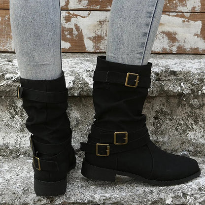 Multi Straps Buckles Patchwork Round Toe Solid Color Mid Boots