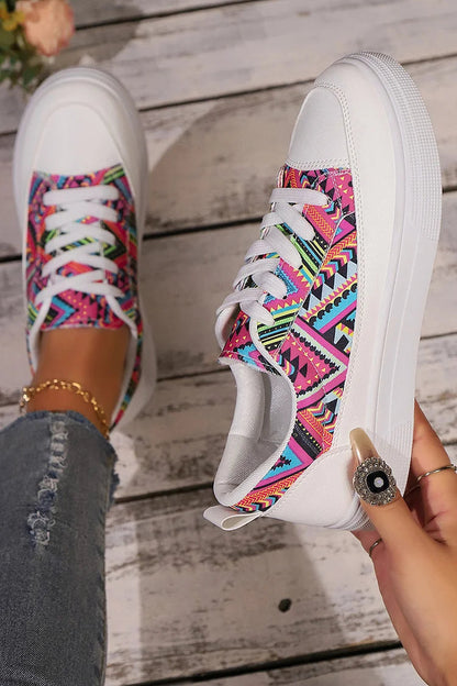 Multicolor Geometric Print Round Toe Canvas Lace Up Sneakers