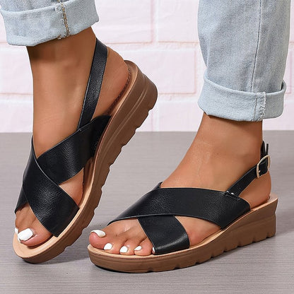 Cross Belt Slingback Strap Buckle Peep Toe Wedge Sandals