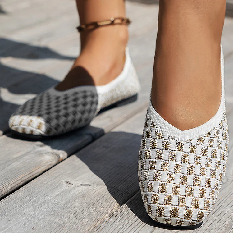 Square Toe Plaid Pattern Casual Slip On Flats