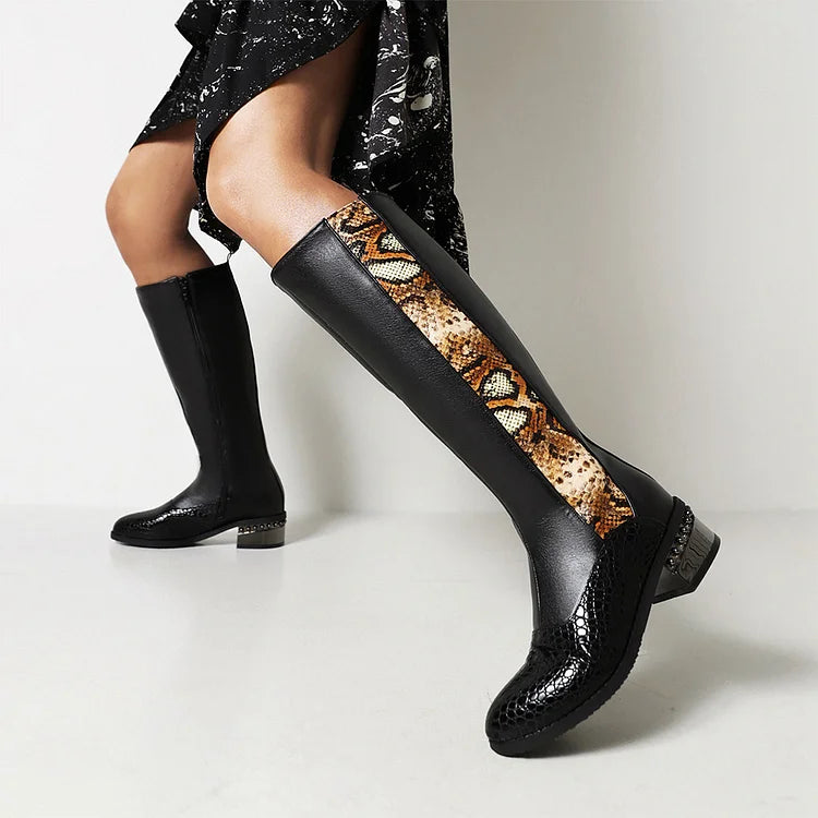 Animal Print Patchwork Pointed Toe Chunky Heel Knee High Boots