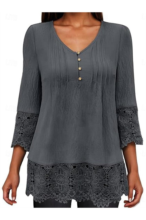 V-neck Plain Lace 3/4 Sleeve Loose Blouse