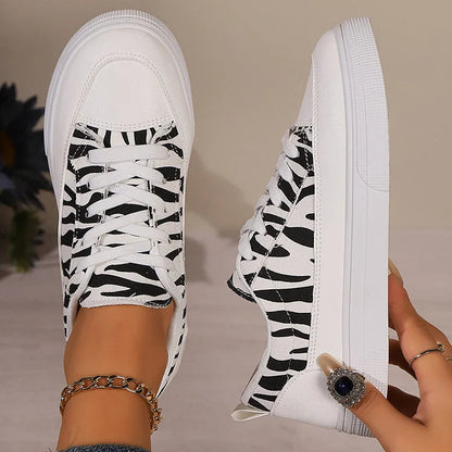 Zebra Print Patchwork Round Toe Casual Lace Up Sneakers