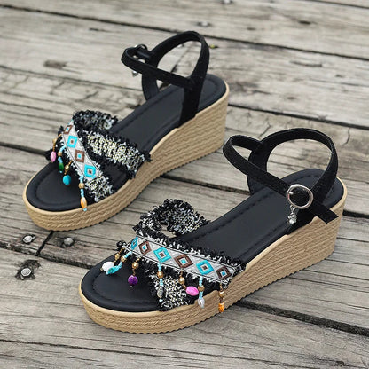 Ethnic Pattern Beaded Pendant Hanging Fringe Ankle Strap Wedge Sandals