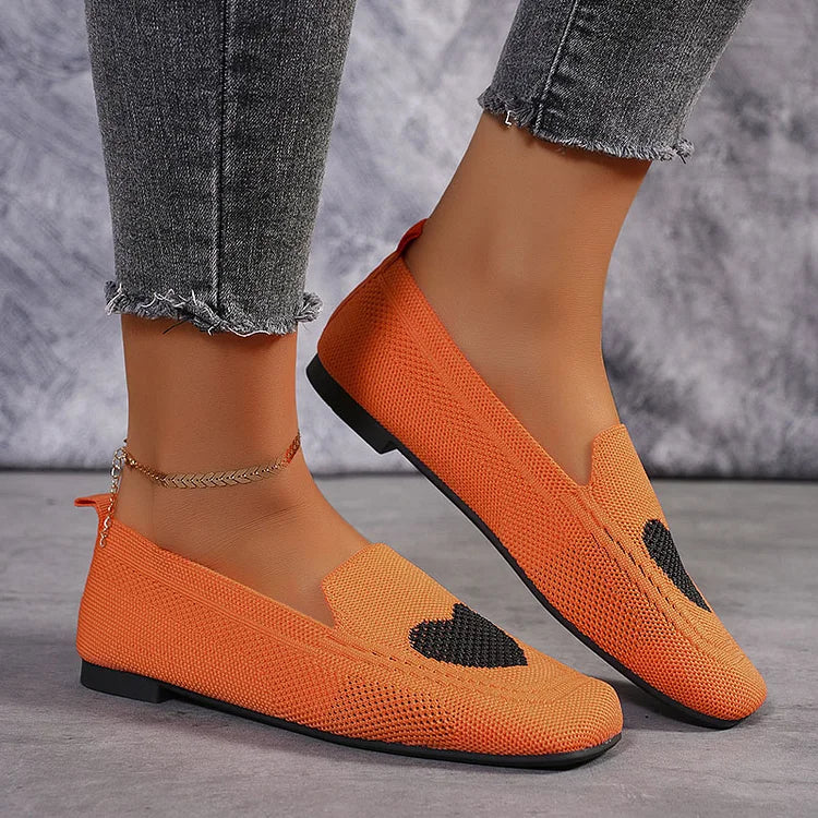 Heart Pattern Print Square Toe Slip On Knit Casual Flats