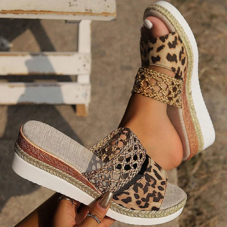 Crochet Hollow Floral Butterfly Leopard Print Espadrille Wedge Slippers