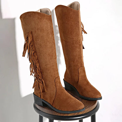 Fringe Patchwork Solid Color Pointed Toe Chunky Heel Knee High Boots