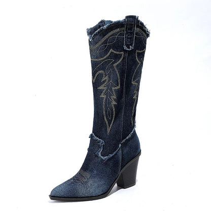 Denim Embroidery Raw Trim Patchwork Pointed Toe Knee High Boots