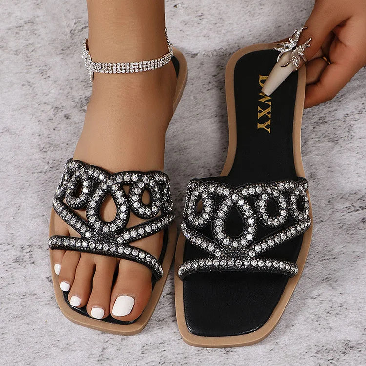 Fashion Rhinestone Hollow Out Square Toe Plain Slippers