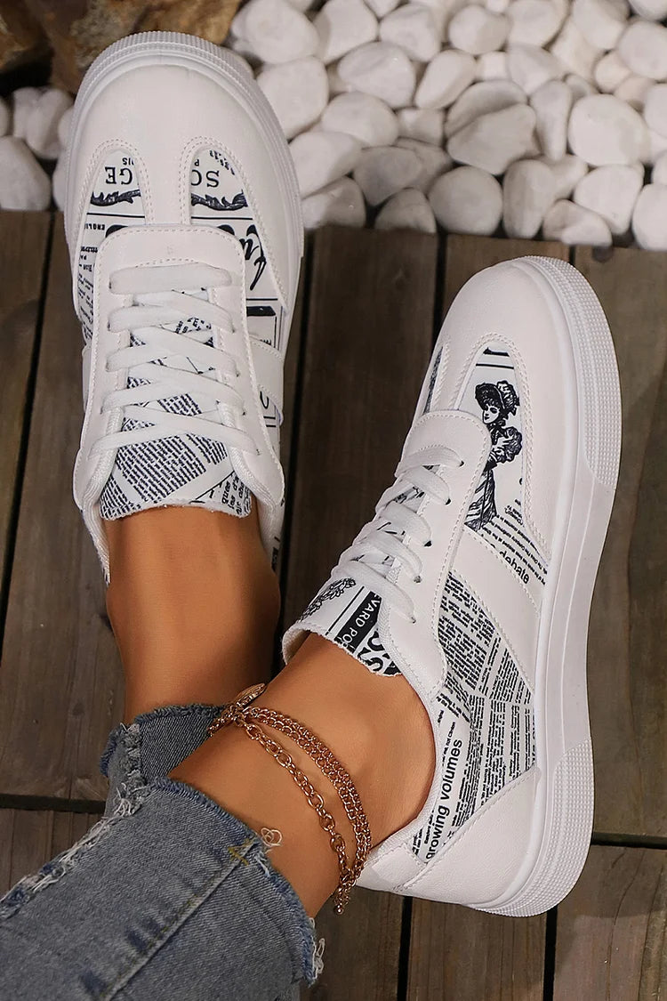 Colorblock Pattern Print Round Toe Lace Up Sneakers