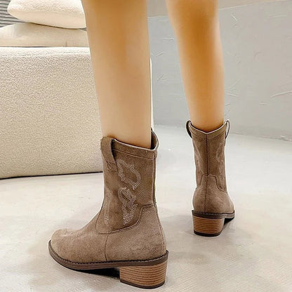 Embroidery Patchwork Round Toe Chunky Heel Mid Boots