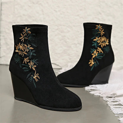 Floral Embroidery Round Toe Wedge Heel Pull On Ankle Boots