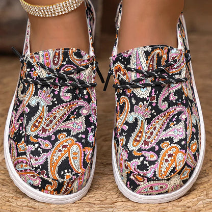 Canvas Paisley Print Round Toe Lace Up Flat Sneakers