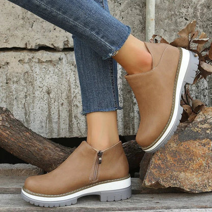 Patchwork Round Toe Chunky Heel Zipper Casual Ankle Boots