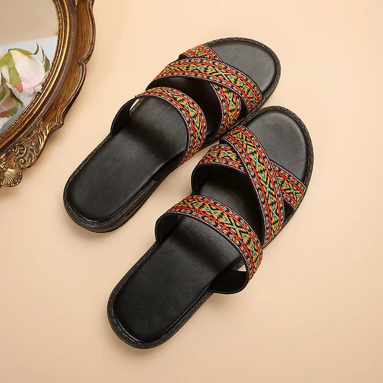 Retro Ethnic Pattern Cross Strap Round Toe Slippers