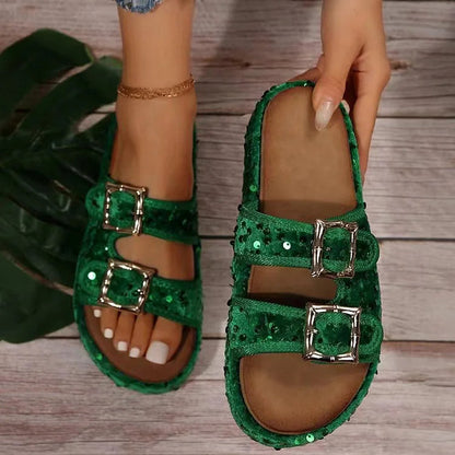 Sequin Double Straps Buckles Platform Soft-Soled Slippers