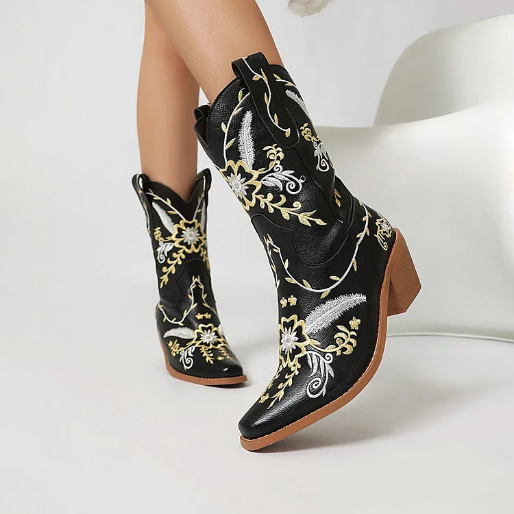 Floral Embroidery Patchwork Pointed Toe Chunky Heel Western Boots