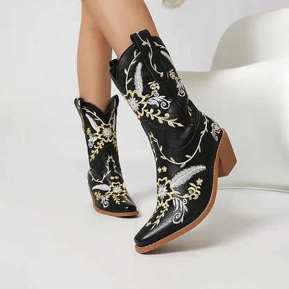 Floral Embroidery Patchwork Pointed Toe Chunky Heel Western Boots