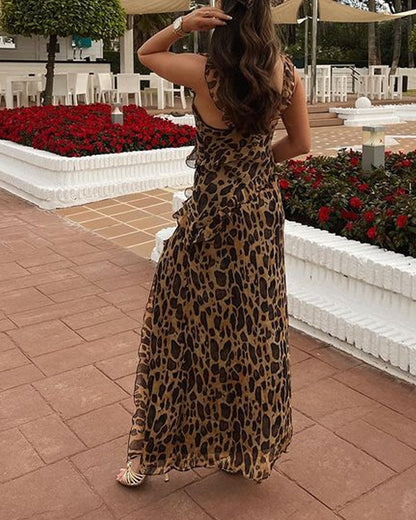 Elegant Leopard Print Split Chiffon Dress