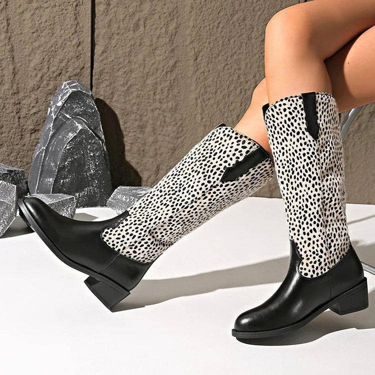 Leopard Print Patchwork Round Toe Chunky Heel Knee High Boots