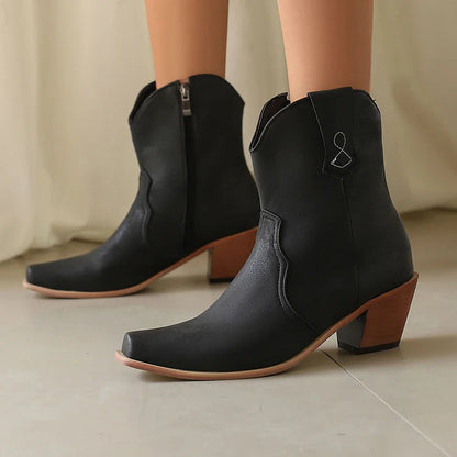 Patchwork Pointed Toe Chunky Heel Zipper Western Boots