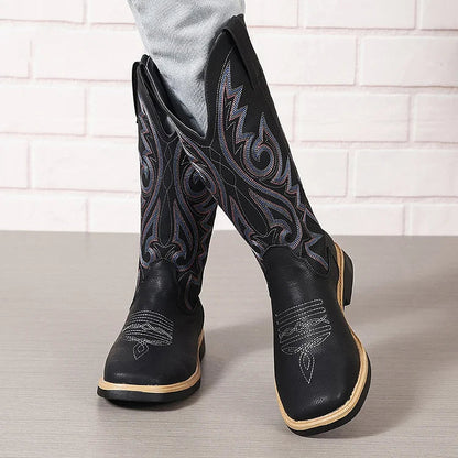 V Groove Embroidery Stitch Detail Square Toe Patchwork Mid Calf Boots