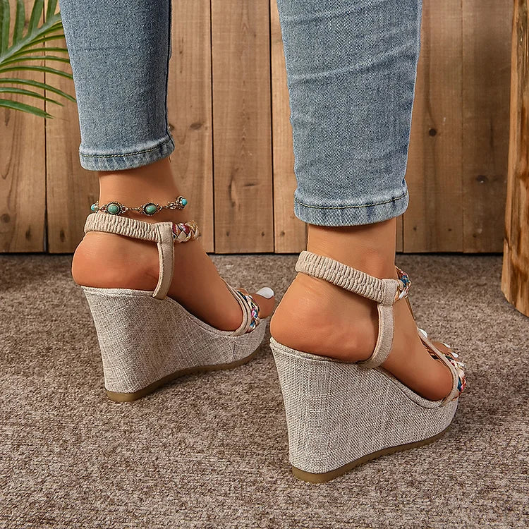 Rhinestone Floral Print Woven Strap Elastic Band Platform Wedge Sandals