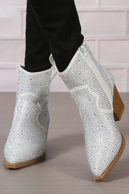 Rhinestone Decor Patchwork Zipper Pointed Toe Ankle Boots