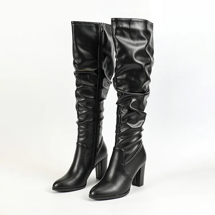 Zipper Solid Color Patchwork Pointed Toe Chunky Heel Knee High Boots