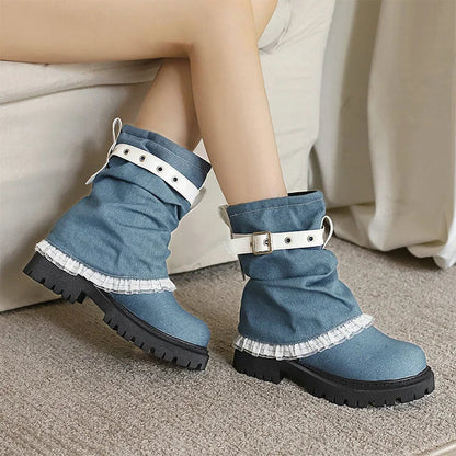 Colorblock Strap Buckle Lace Patchwork Fold Over Round Toe Ankle Boots