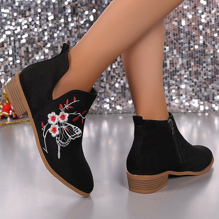 Flower Butterfly Pattern Embroidery Zipper Round Toe Ankle Boots