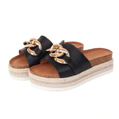 Metal Chain Decor Round Toe Platform Espadrille Slippers