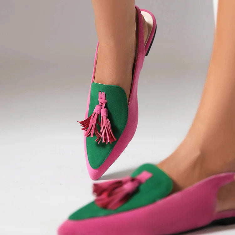 Color Block Fringed Trim Slingback Pointy Toe Flats