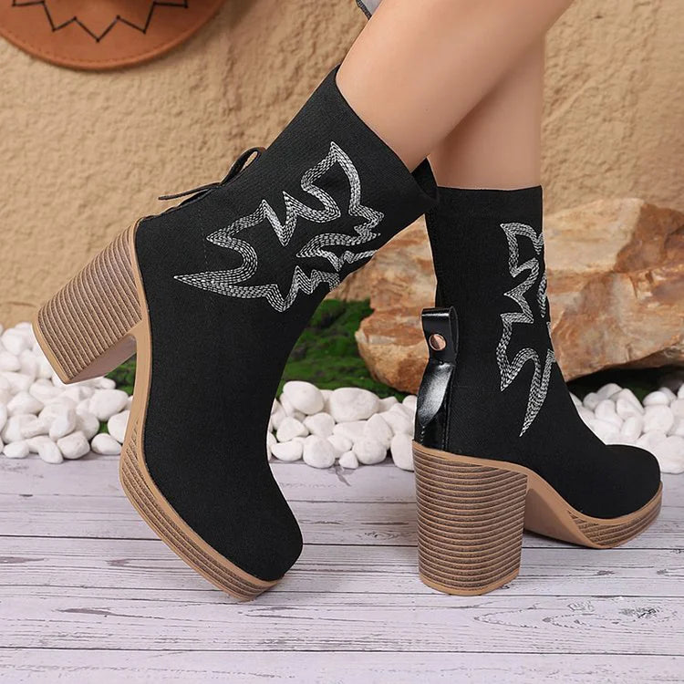 Embroidery Round Toe Chunky Heel Pull On Mid Boots