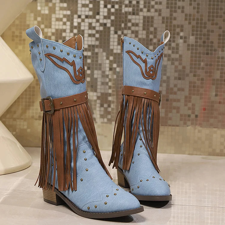 Colorblock Fringed Trim Metal Rivets Pointed Toe Chunky Heel Mid Calf Boots