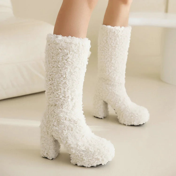 Solid Color Faux Fur Round Toe Chunky Heel Platform Mid Calf Boots