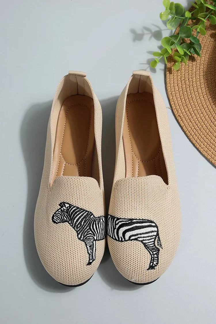 Zebra Pattern Knitted Round Toe Casual Slip On Flats