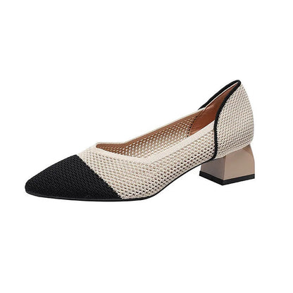 Knit Mesh Color Block Pointed Toe Elegant Chunky Heels